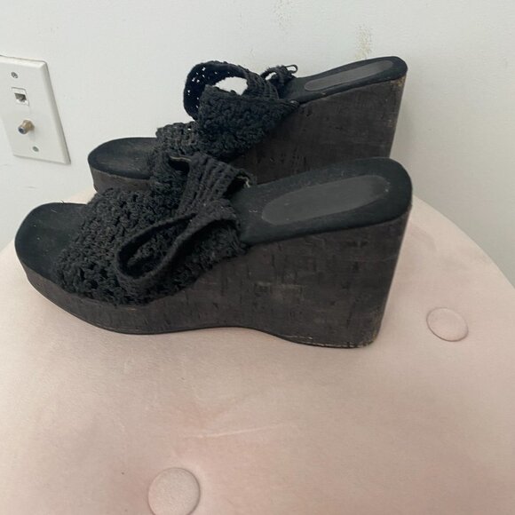 Enzo Angiolini Black Braided Knit Wedge Open Toe Heels Size 7.5 - Picture 4 of 6